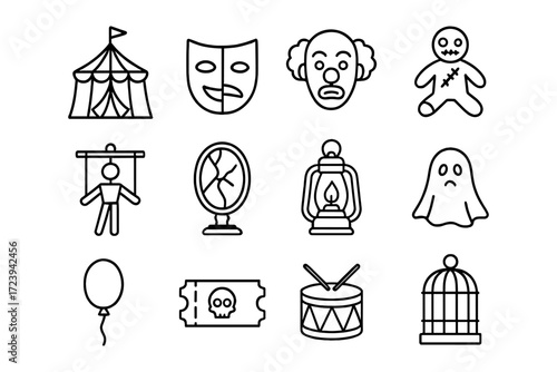 Circus and halloween line art icons: circus tent, mask, clown, puppet, and more
