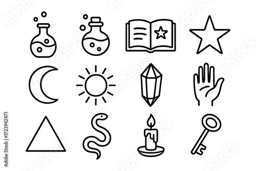 Mystical linear icons: alchemy, astrology, and magic symbols for modern design