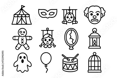 Creepy halloween icons: circus, masks, puppets, and ghosts in bold black linear style