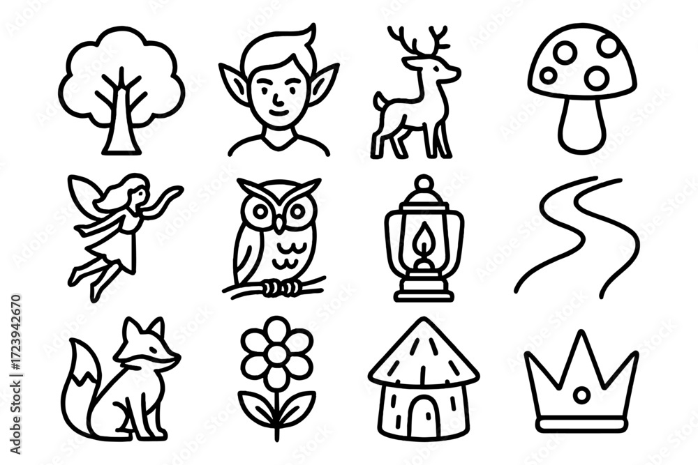 Fototapeta premium Whimsical forest icons featuring elves, animals, and nature elements