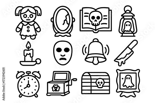 Creepy halloween icons set with spooky elements in linear style