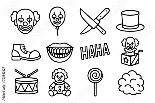 Circus clown icons: humor, laughter, and fun elements in a bold style