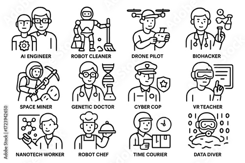 Modern professions icons: technology, science, and innovation themes in linear style