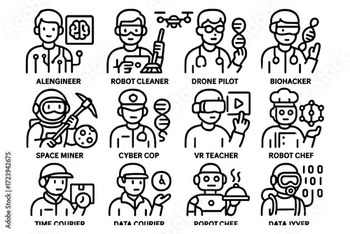 Futuristic occupations: innovative professions in a linear style collection