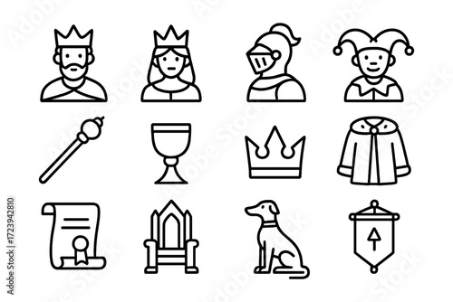 Medieval line art icons: royalty, knight, jester, and heritage symbols