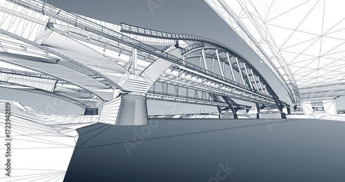 Wireframe rendering of an arched bridges structure over a river – 3D infrastructure model