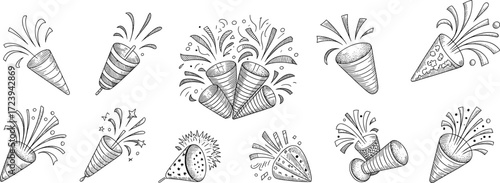 Hand drawn party popper and confetti burst illustrations, vintage sketch style, festive celebration elements, New Year, birthday, holiday design
