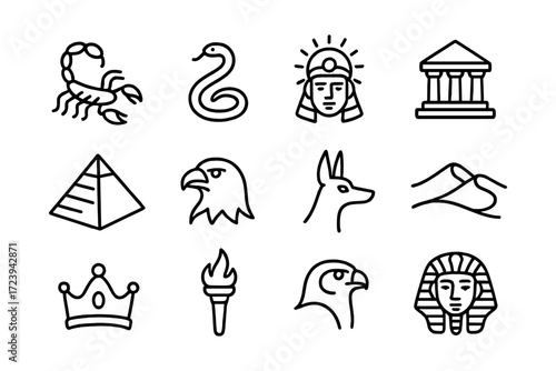 Ancient egyptian symbols in simple black linear design