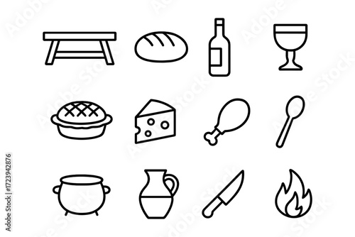 Minimalist food and drink icons set: outline style for culinary design