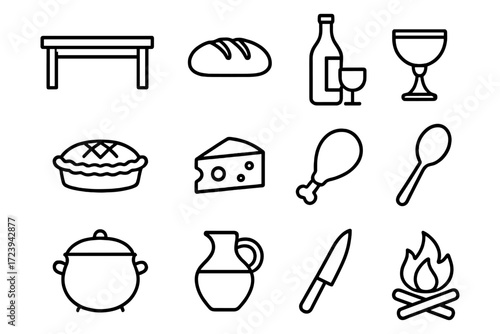 Line icons of kitchen and dining essentials: food, utensils, and cooking elements