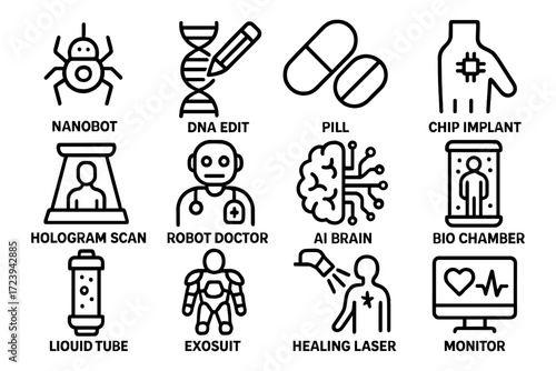 Futuristic medical technology icons: innovations in healthcare and ai concepts