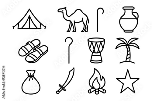 Desert adventure icons: tent, camel, and oasis elements in line art