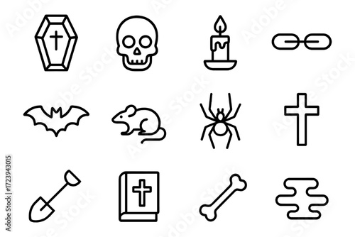 Spooky halloween icons set: skeleton, bat, and other creepy symbols in linear style