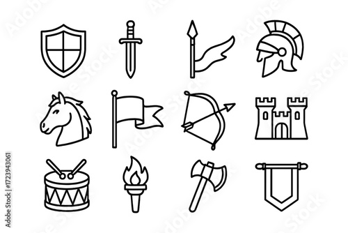 Ancient warfare icons set featuring swords, shields, and helmets in linear style