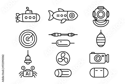 Nautical and technology themed line art icons collection