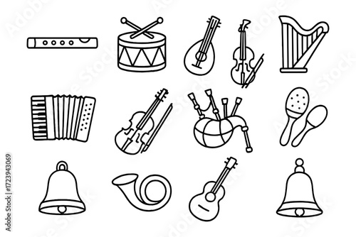 Black and white musical instrument icons set featuring linear style designs