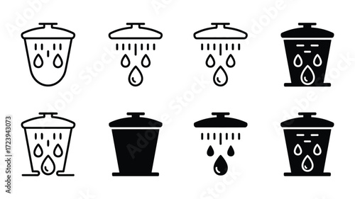 Vector art of shower icon collection set of various shower head designs with water droplets for bathroom or hygiene concepts