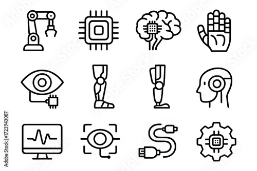 Futuristic technology icons: robotics, ai, and human augmentation in linear style