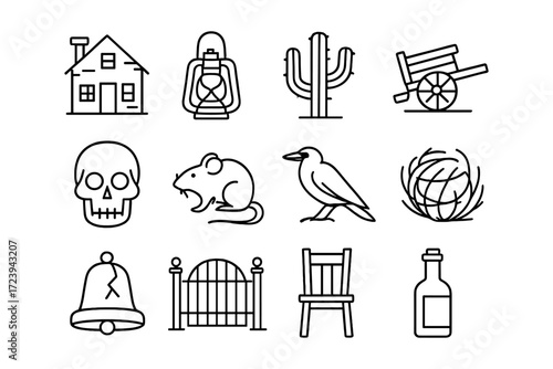 Linear wild west icons collection featuring cactus and skull