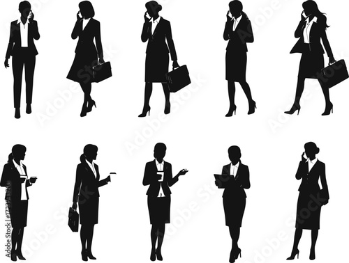 Businesswoman silhouette vector corporate women using phone holding documents carrying briefcase office fashion professional attire modern illustration design