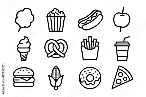 Icon set of popular street food: line art collection for fast food lovers
