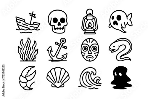 Nautical and mystical themed icons: boat, skull, ghost, and more in bold outline style