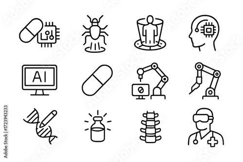 Futuristic technology icons: ai, robotics, biotechnology, healthcare in linear style