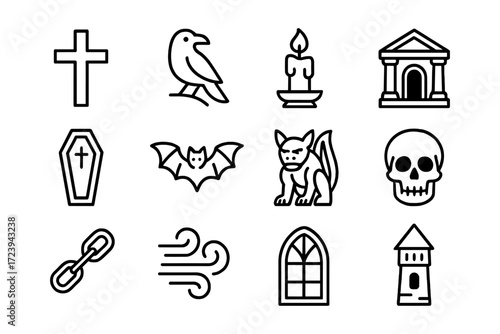 Halloween outline icons set: spooky symbols including cross, bat, and skull