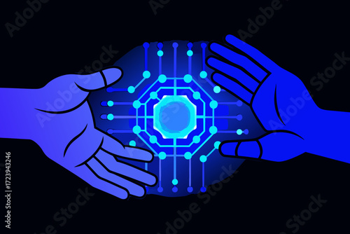 Two hands, one human and one robotic, reaching towards each other over a glowing blue digital circuit board symbolizing technology and connection