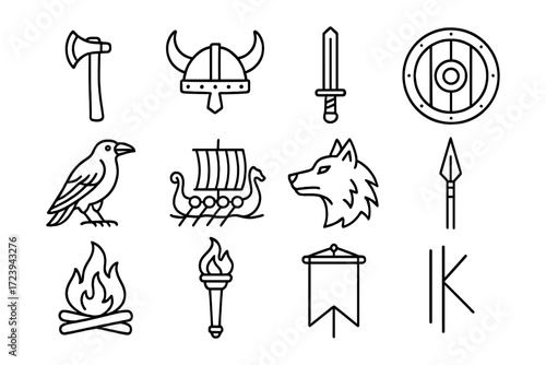 Minimalist norse icon set: vikings, weapons, and symbols in black line art style