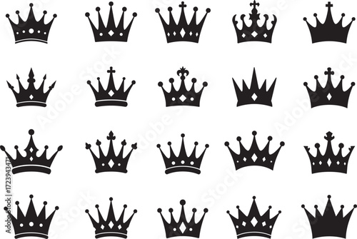 Black, crown, icon, set, royalty, vector, illustration, silhouette, graphic, design, regal, symbol, majestic, elegant, noble, luxury, king, queen, throne, power