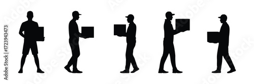 Collection of five black silhouettes of delivery men carrying boxes, isolated on white background