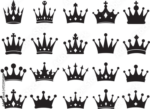 Black, crown, icon, set, royalty, vector, illustration, silhouette, graphic, design, regal, symbol, majestic, elegant, noble, luxury, king, queen, throne, power