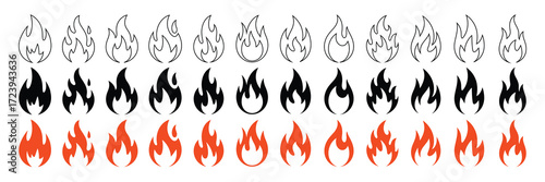 Collection of stylized flame icons in black, orange, and outline variations, isolated on white background