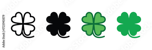 Four leaf clover icons in outline, silhouette, and green colors isolated on white background