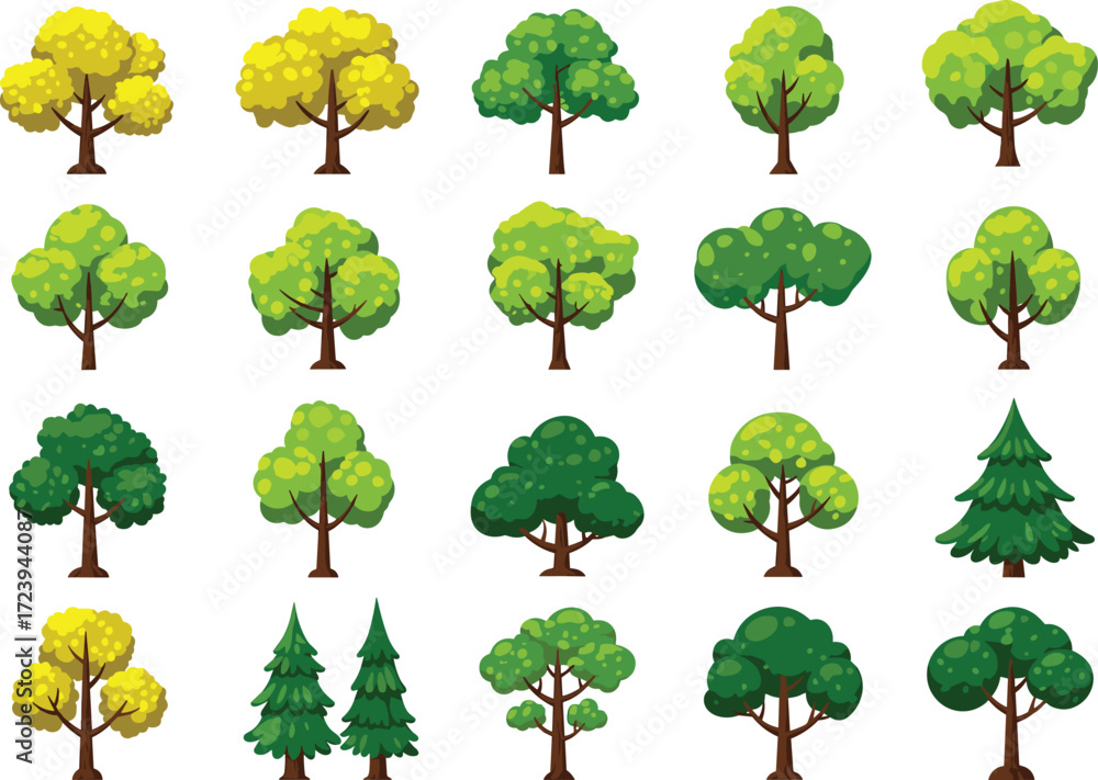 Fototapeta premium Cartoon collection of green and yellow trees, nature foliage illustration set, eco forest landscape plants, vector outdoor environment design