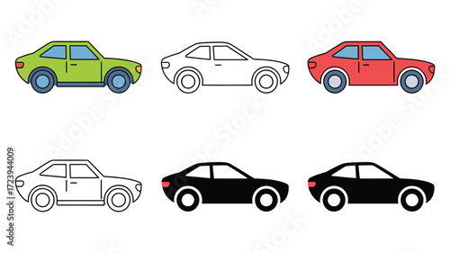 Vector art of diverse car icons, showcasing different colors and styles for transportation and automotive themes