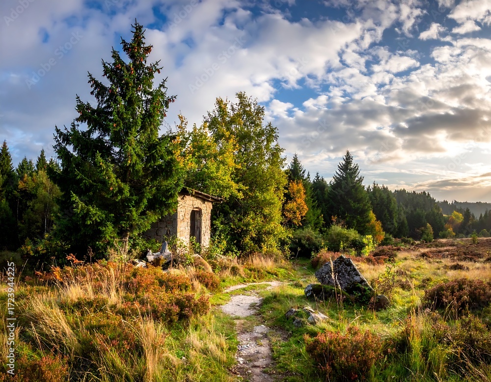 Fototapeta premium Autumnal forest path to rustic cabin