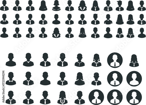 Professional avatar silhouette icons of diverse business people in formal attire for user profiles, team management, and corporate design projects.