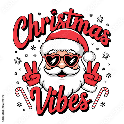 Vector art of retro santa claus with heart sunglasses and peace signs, text christmas vibes