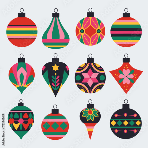 Vector art of assortment of vibrant and patterned christmas tree ornaments in diverse shapes and geometric designs
