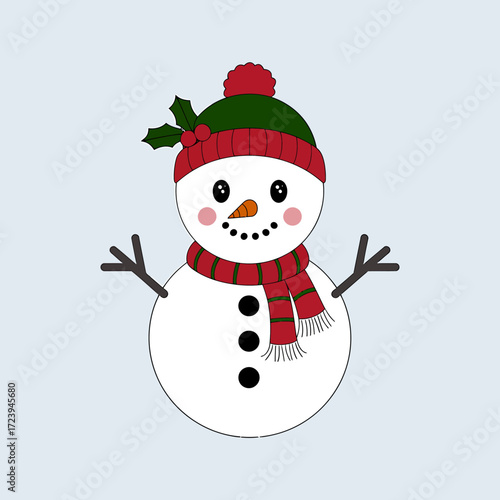 Vector art of cute cartoon snowman wearing a red and green hat and scarf, with twig arms and a light blue background, perfect for holiday greetings