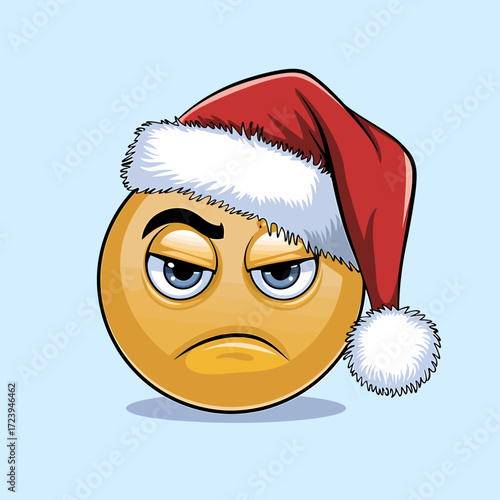Vector art of an emoji wearing a santa hat with a grumpy or annoyed expression, isolated on a light blue background