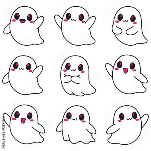 A cute cartoonish Halloween icons collection featuring smiling pumpkins with funny expressions, adorable rounded ghosts, playful black cats, tiny-winged bats, candy buckets filled with sweets, 