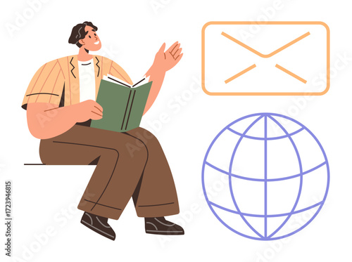 Person sitting and reading a book, surrounded by an envelope icon and a globe. Ideal for education, communication, global exchange, learning, information sharing, literacy, simple flat metaphor