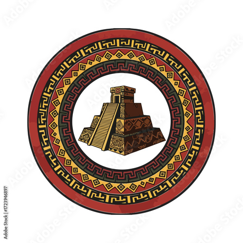 Ancient Mesoamerican pyramid design with intricate circular border