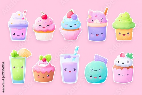 A whimsical set of adorable kawaii cupcakes and milkshakes each with cute faces and vibrant colors perfect for sweet and playful designs
