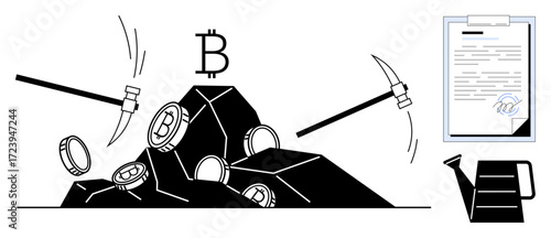 Mining tools extracting bitcoin coins from rocks, a signed contract on a clipboard, and a watering can symbolizing growth. Ideal for cryptocurrency, mining, blockchain, finance, investment
