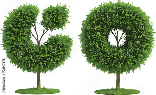 Unique shaped trees illustration, green topiary landscape design, eco friendly garden decoration, round foliage plants, creative natural environment background