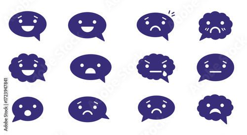 Set of Dark Blue Emoticon Speech Bubbles Expressing Various Emotions.